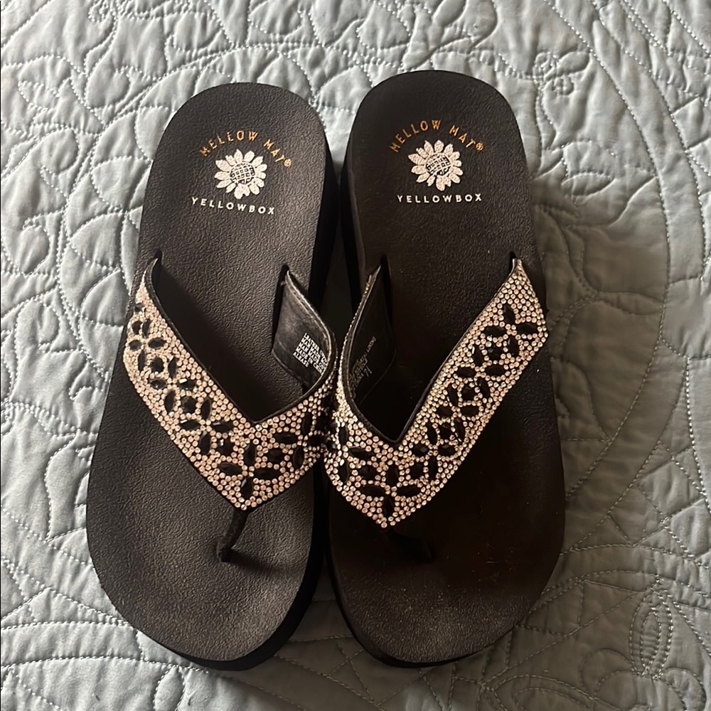 Yellow Box Black and Silver Sandals with Intricate Straps